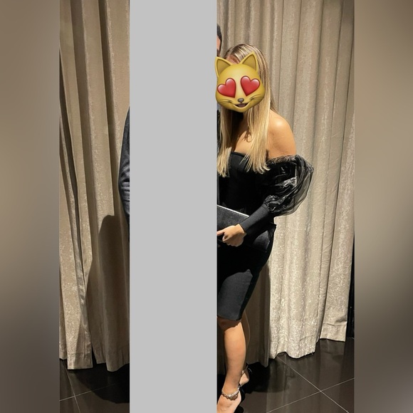 Bodycon black bandage dress or cocktail dress with puff mesh sleeves - Picture 5 of 6